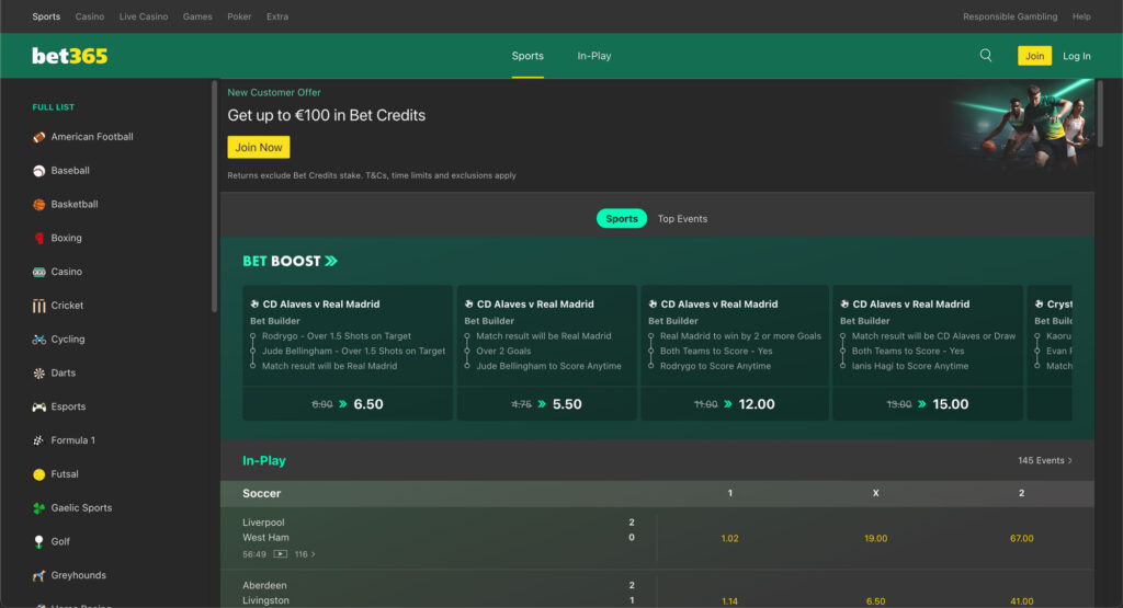 Bet365 Casino Betting Review - Home Page View